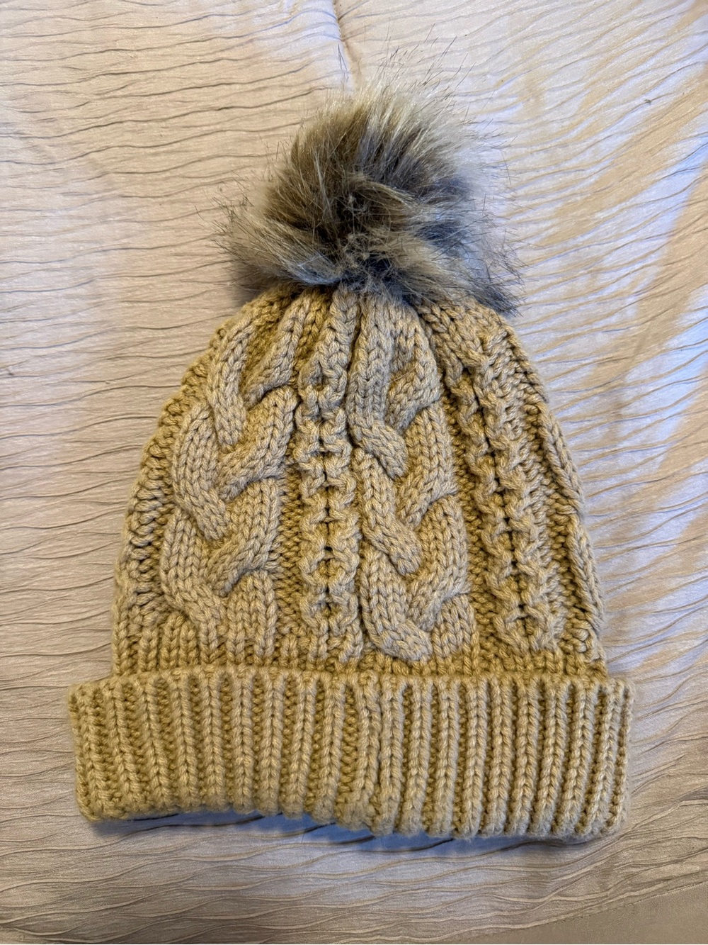 Chunky Cable Knit Beanie with Faux Fur Pom - Beige
